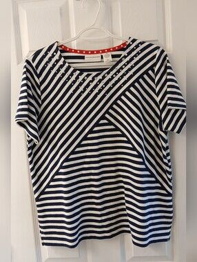 Alfred Dunner Patriotic Striped Short Sleeve Top Med Navy/White with Silver Star